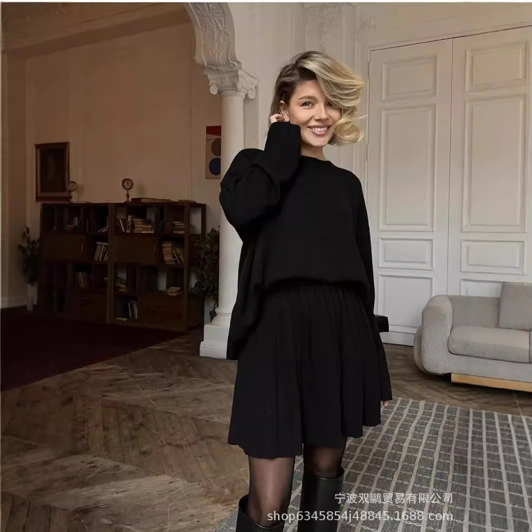 Autumn Solid Color O-neck Sweater Dress Sets Women's Clothing 2024 New Long Sleeves Fishion Style Loose Knitted Short Skirt Set - Image 2